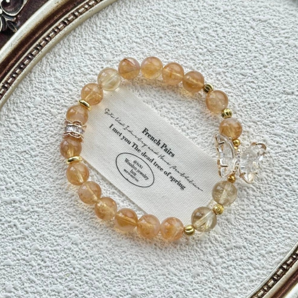 Natural Tower Citrine Crystal Butterfly Charm Wealth Bracelet