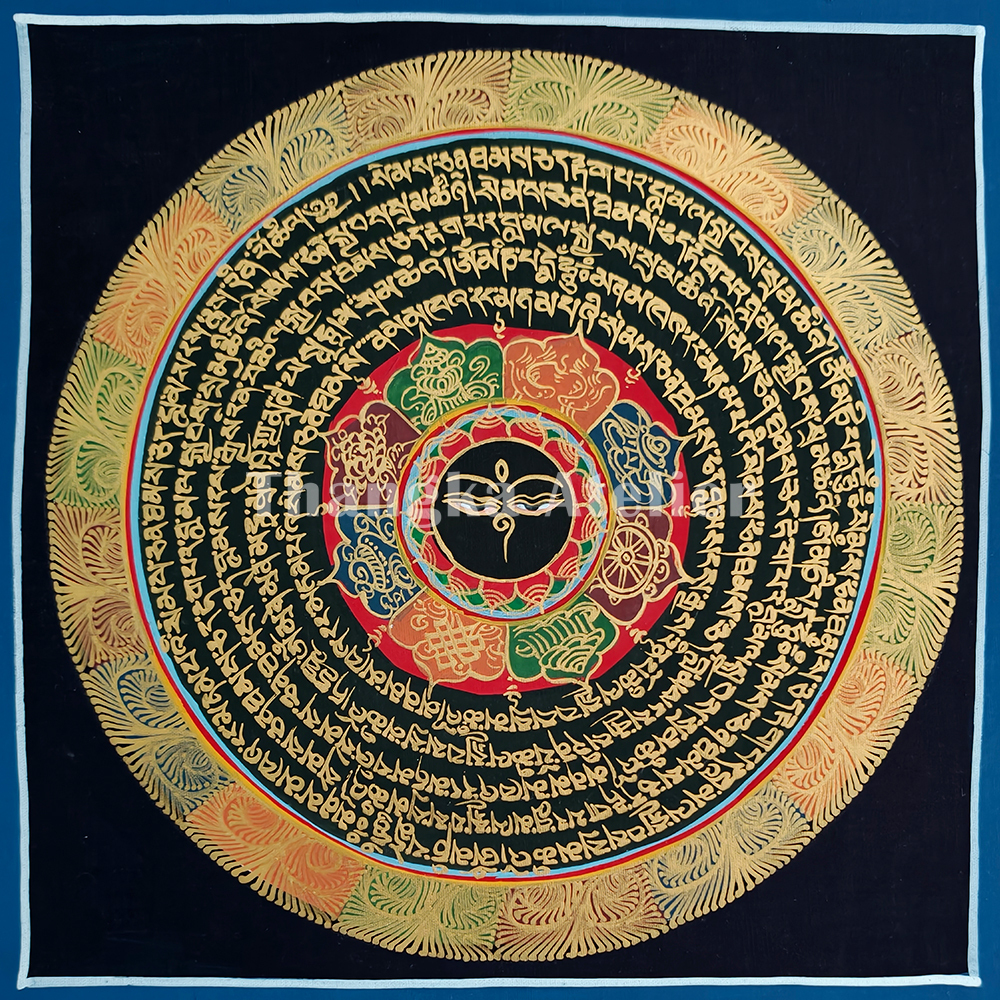 Mantra Mandala Thangka | Genuine Hand Painted Om Mani Padme Hum Painting Art | Wall Hanging Decor | Black And Gold Style Mandala