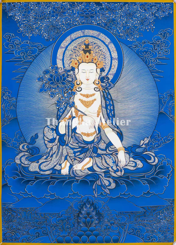 Mahasthamaprapta Bodhisattva Original Hand-Painted Thangka | Blue-Gold Thangka