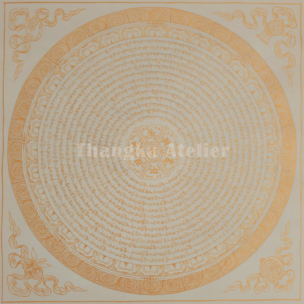 White and Gold Mantra Mandala | Hand-Painted Tibetan Thangka
