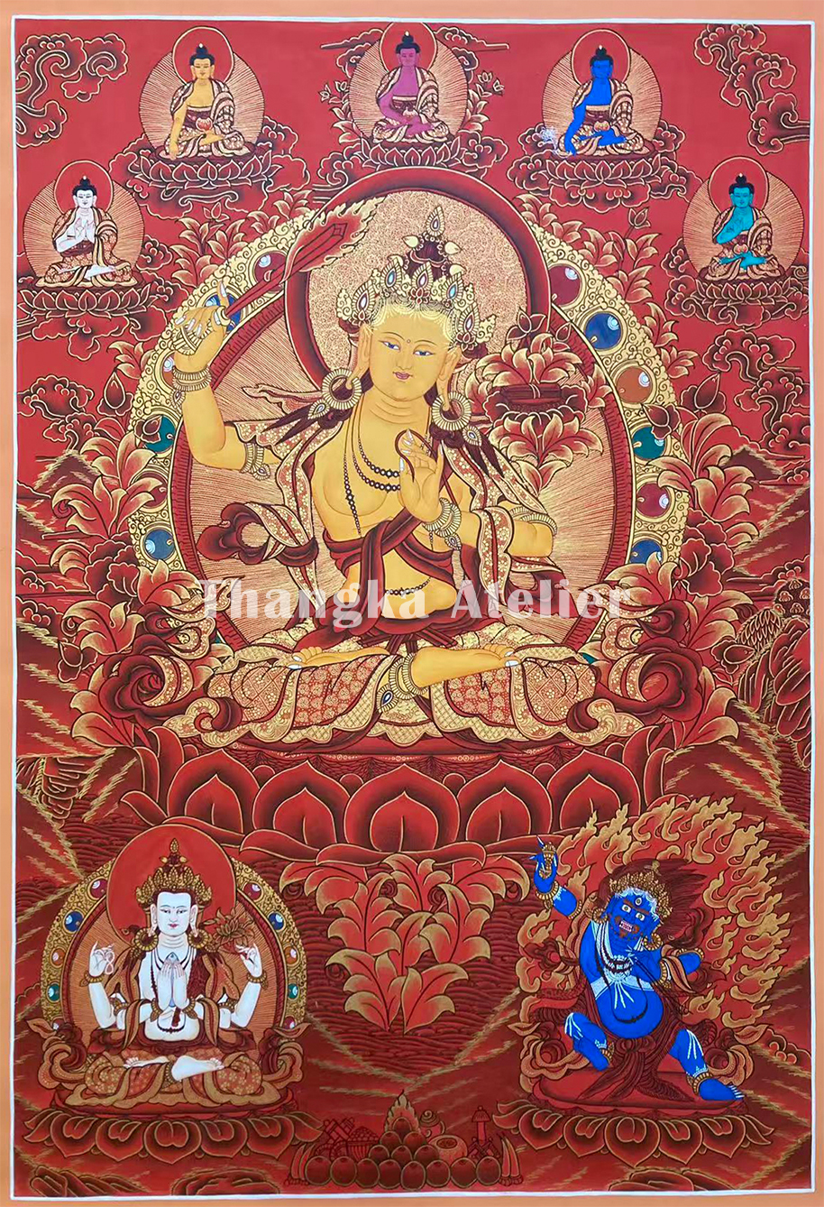 Tangka Red Manjushri | Hand-painted Thangka | Red Thangka | Representing Great Wisdom