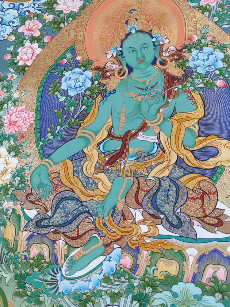Green Tara Thangka | from Rebkong, China | Color Thangka | The Deity of Swift Deliverance