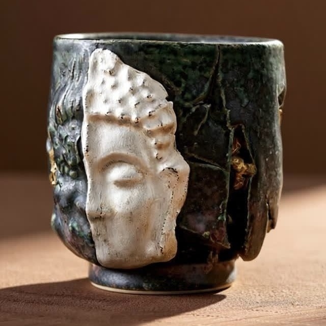 A profound moment of ritual as tea interacts with Eartivo "The Duality Insight"; the raw Rock-Mineral base meets the handcrafted gold icon, representing the "90% finished vessel"—completed by your presence and a smooth, tea-infused "patina".