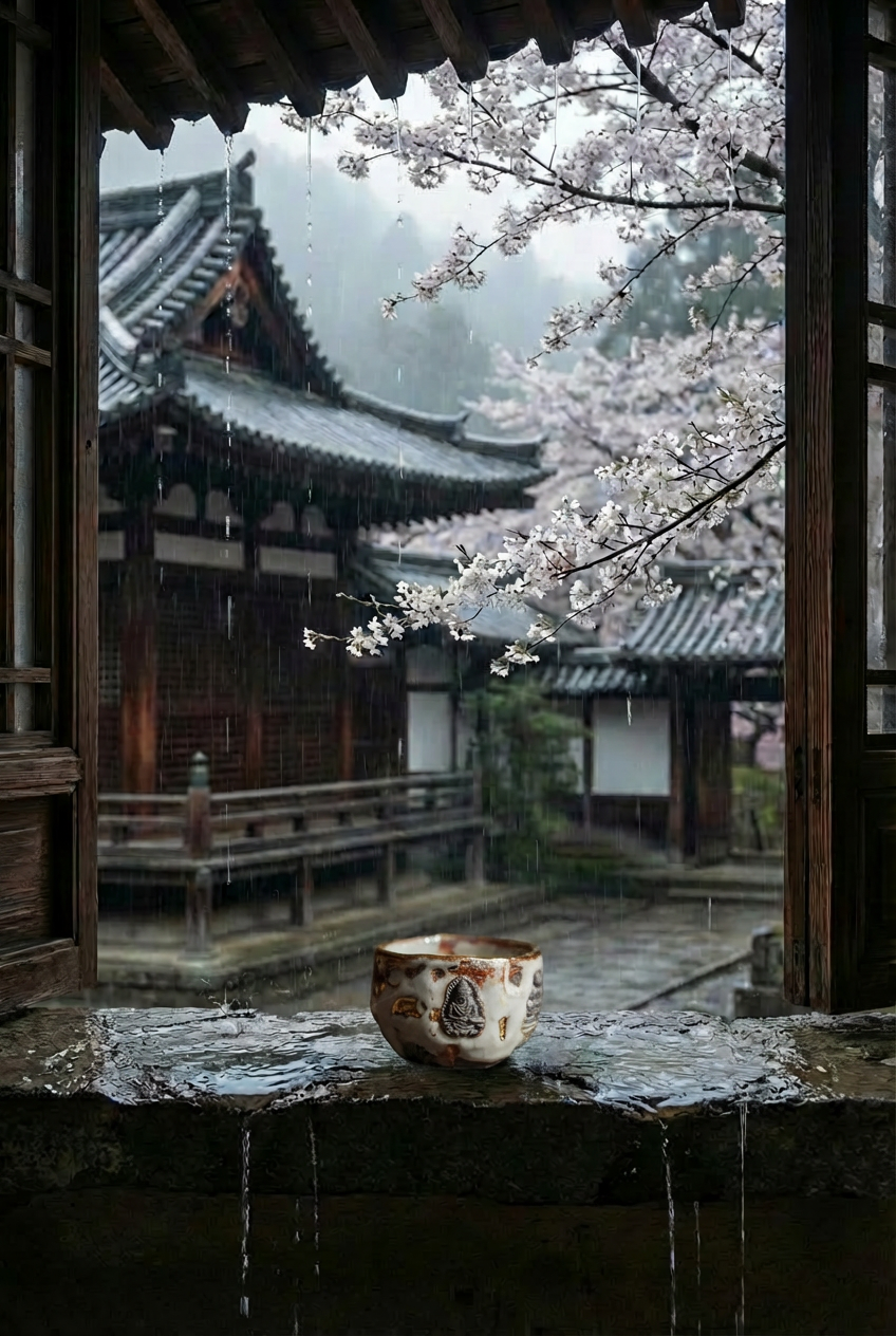Handmade ceramic cup with Buddha relief on a rain-wet stone windowsill &mdash; cozy home decor and rainy day tea ritual framed by cherry blossoms and a Japanese courtyard