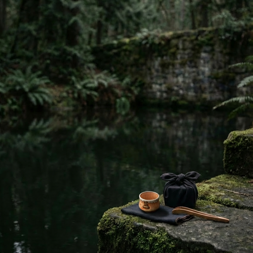 Handmade ceramic tea cup with Buddha relief on moss-covered stone beside a forest pool &mdash; outdoor tea ritual and tea in nature mindful living practice