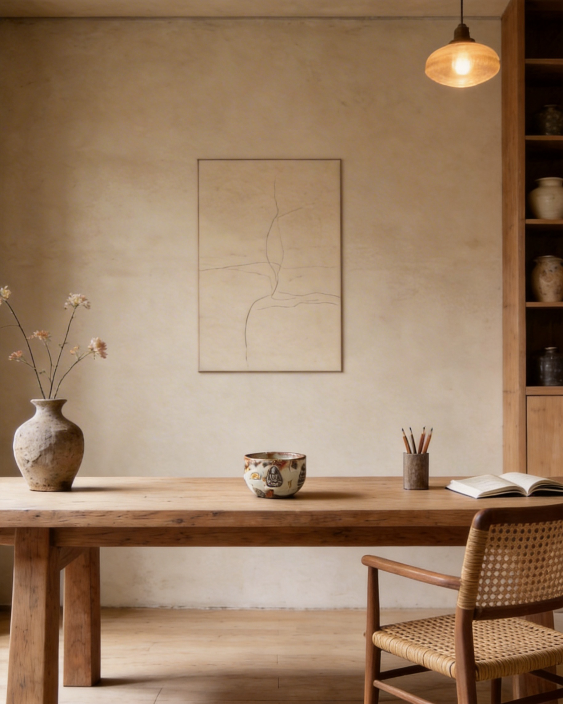 The Resilient Gold handmade ceramic cup on a wabi-sabi home office desk &mdash; feng shui decor earth element anchor among minimalist home accents