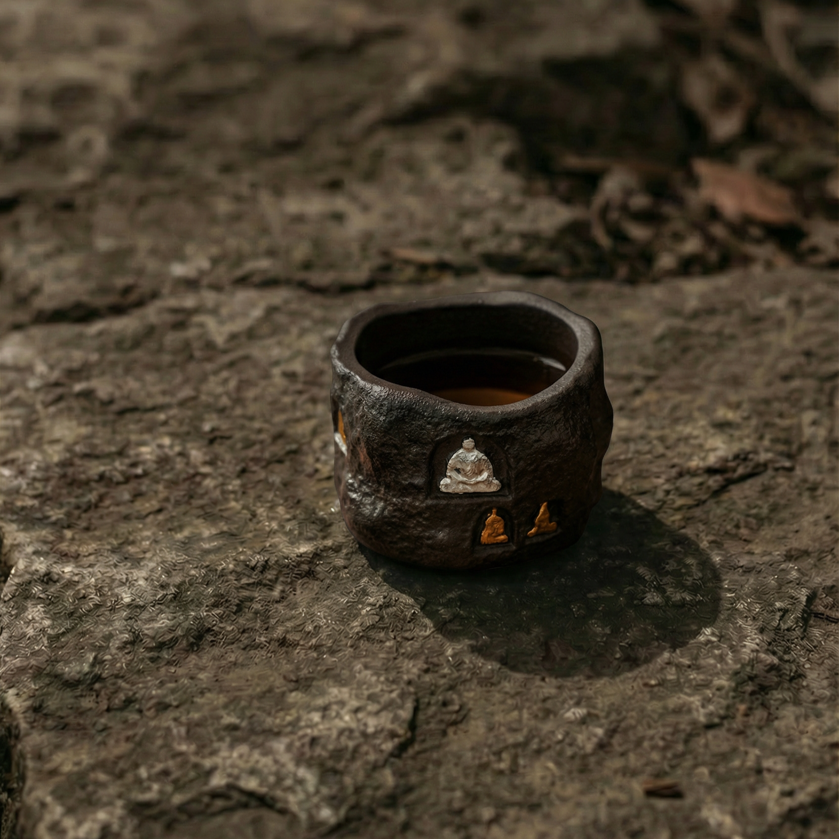 The Stone Sanctuary rustic clay tea cup with Buddha figures on natural rock &mdash; earthy aesthetic and minimalist decor in an outdoor zen setting