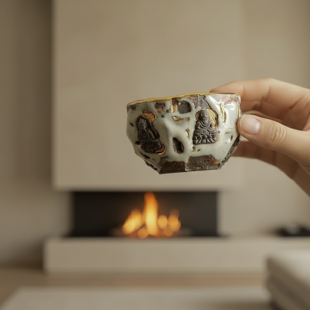 The Resilient Gold handmade ceramic cup with gold and Buddha reliefs held against a minimalist fireplace &mdash; earthy aesthetic and Japandi style accessories for a zen-inspired home
