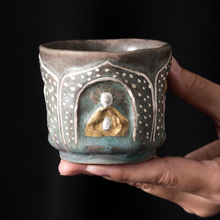 Eartivo Moonlit Grotto cup, aged mineral clay with gold and silver halo shrine.