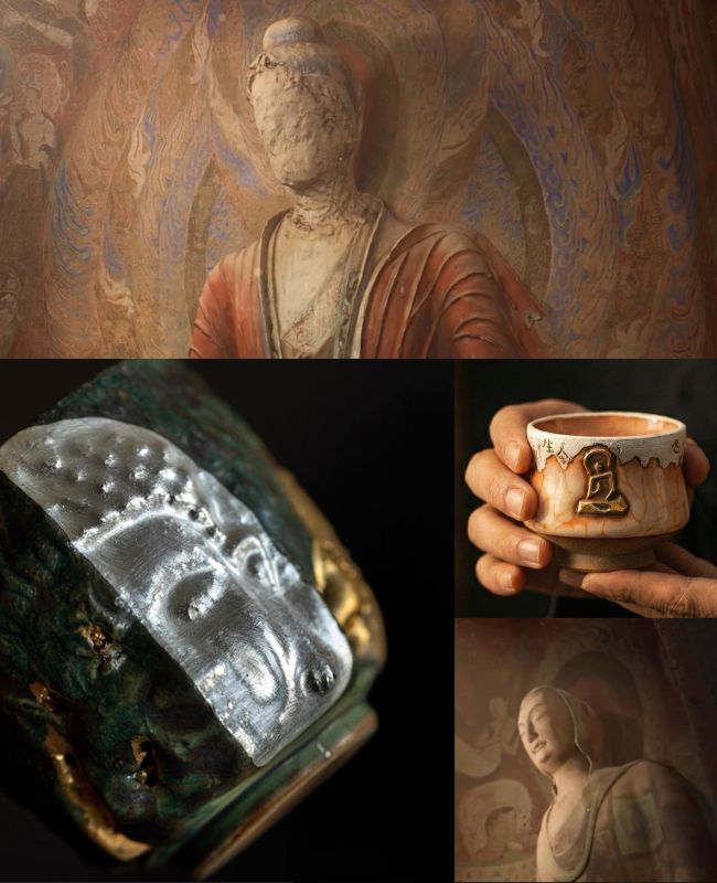 A visual montage connecting Eartivo's ceramic vessels with their creative origin: ancient Dunhuang Grottoes. The imagery juxtaposes weathered Mogao mural figures and Buddhist sculptures with the 