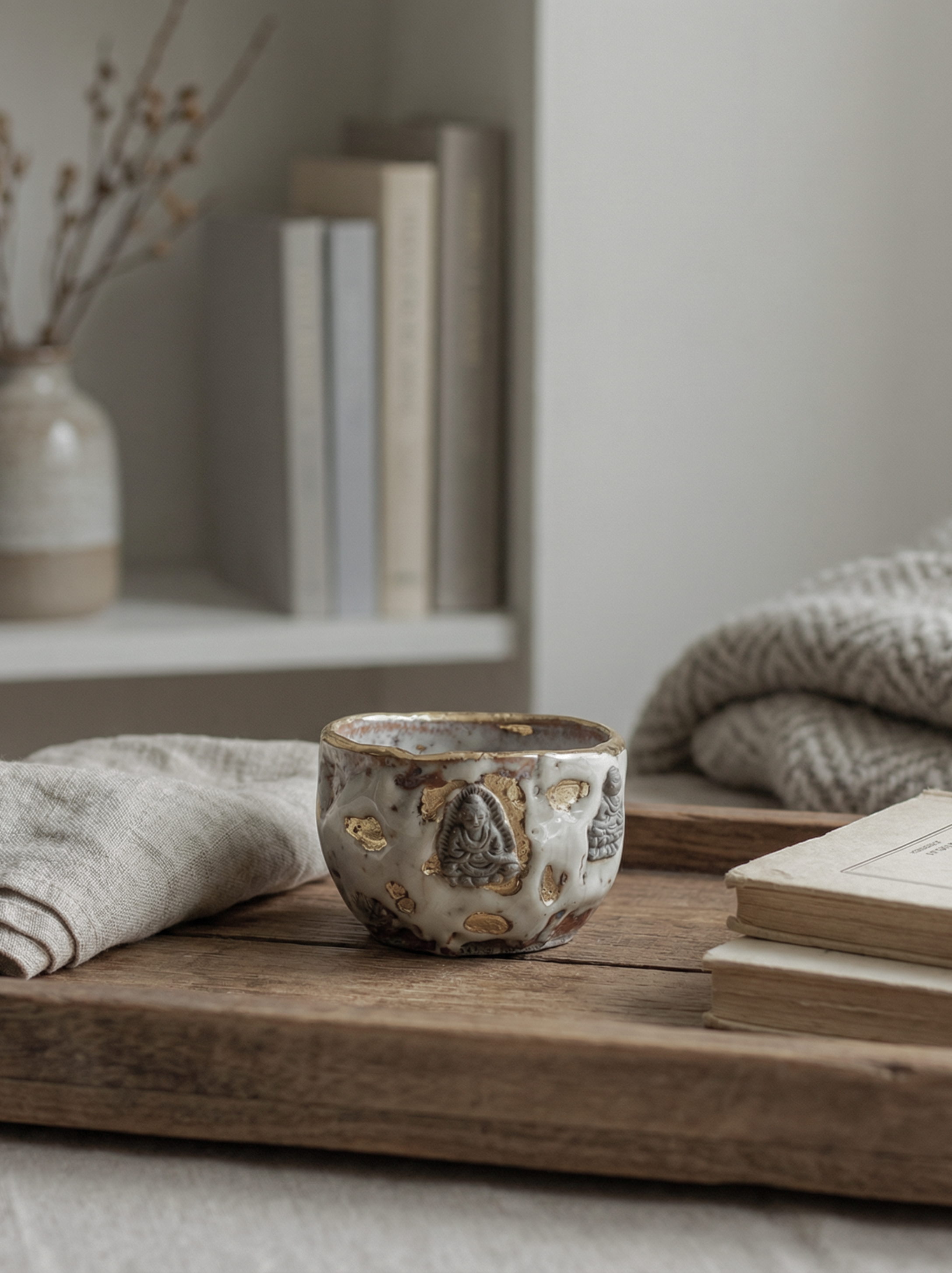 A close-up of a rustic, textured handmade pottery tea cup with an embossed Buddha motif. It is placed on a rough wooden stump next to a small ceramic vase with a dry branch. 