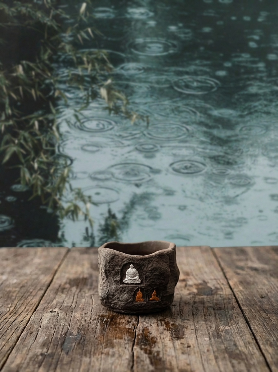 A dark brown, textured handmade ceramic tea bowl with a rugged rock-mineral surface and three small Buddha reliefs (one silver, two gold). The cup sits on a weathered wooden table. The background is a serene, rainy garden scene with water ripples on a pond and blurred bamboo leaves, creating a peaceful outdoor tea ritual atmosphere.