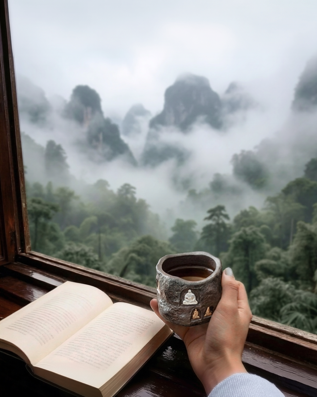 Hand holding a Buddha - adorned teacup by the window, with an open book beside, overlooking mist - shrouded mountains and lush forests&mdash;a tranquil blend of Zen, reading, and nature&rsquo;s serenity.