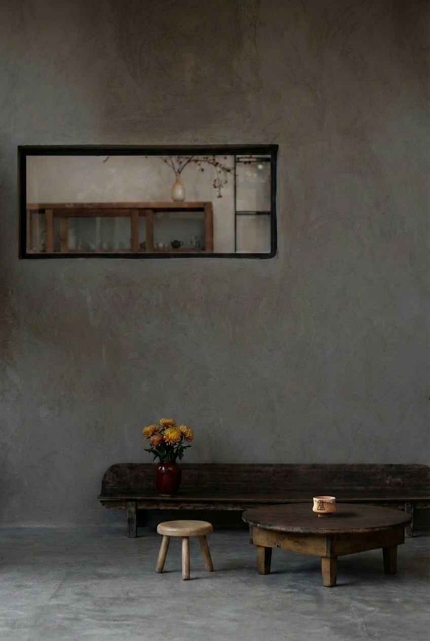 A small, handcrafted Chinese ceramic tea cup sits on a low, round wooden table in a minimalist, dimly lit room.