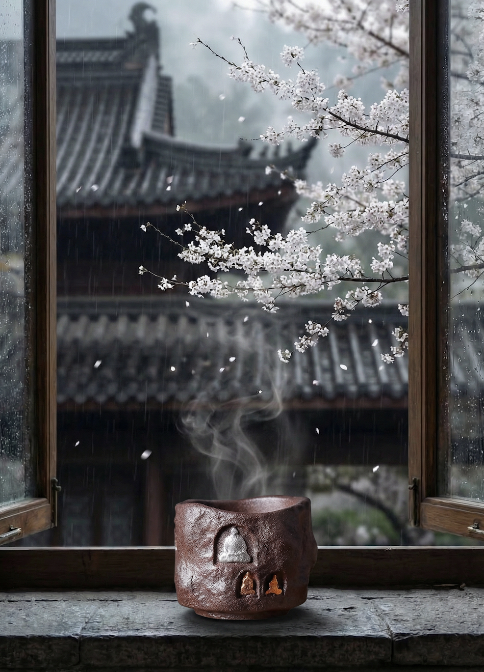 Rustic handmade ceramic tea cup with wood-fired texture and a serene Buddhist motif on the glaze, highlighting traditional Dehua pottery. A soothing choice for rainy day tea, meditation breaks, and collectors of artisan teacups.