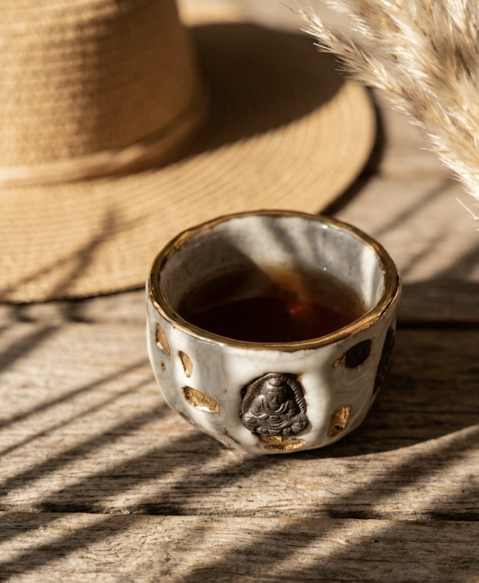Handmade aesthetic pottery tea cup with intricate kintsugi gold repairs and a meditative Buddha motif, bathed in natural sunlight on rustic wood. The perfect spiritual home decor accent for mindful living spaces &mdash; ceramics inspo blending wabi-sabi imperfection with serene, artisanal elegance.