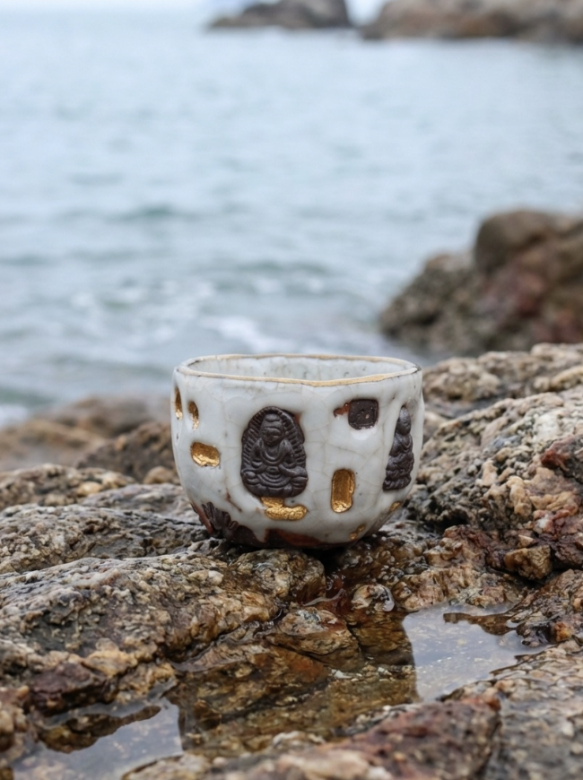 A white ceramic bowl with dark brown Buddha relief sculptures and gold leaf details resting on wet coastal rocks, with ocean waves blurred in the background. The vessel features a crackle-glaze stone texture, representing contemporary Buddhist art and zen ornamentation suitable for modern home decor.