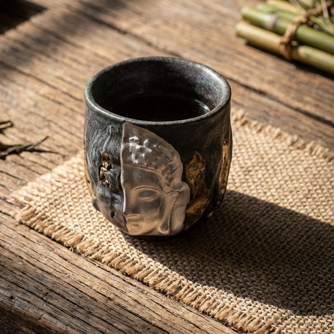 Handmade porous ceramic (rock mineral clay) tea cup with intricate Buddha relief, placed on burlap mat over rustic wooden table, with bamboo accents in warm natural light.
