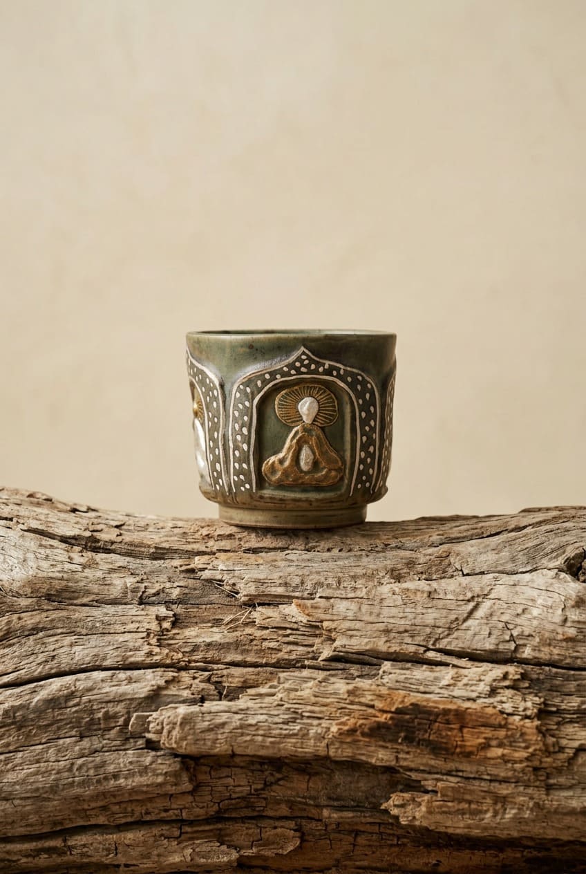 Wood fired ceramic cup The Moonlit Grotto, featuring rich brown glaze and organic texture shaped by wood firing.