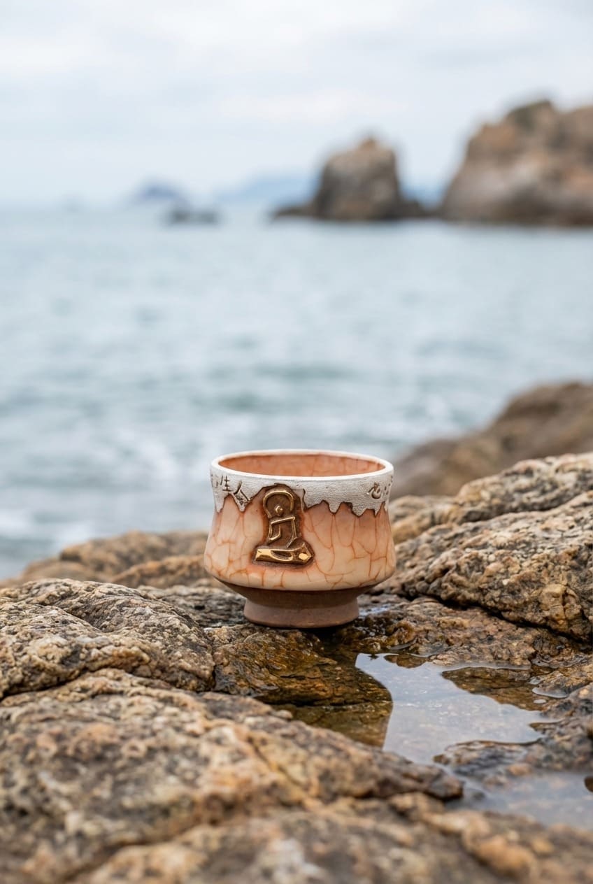 Wood - fired ceramic cup &ldquo;The Abstract Ascent&rdquo; with crackle glaze and a seated Buddha motif, placed on rocky coastal terrain with the sea in the background.