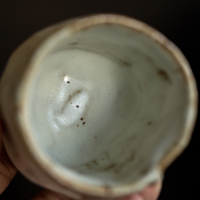 Soft, velvety interior of the Kohiki white glaze Eartivo “The Snow-Veiled Sanctuary” showing iron-rich mineral speckles and organic textures.
