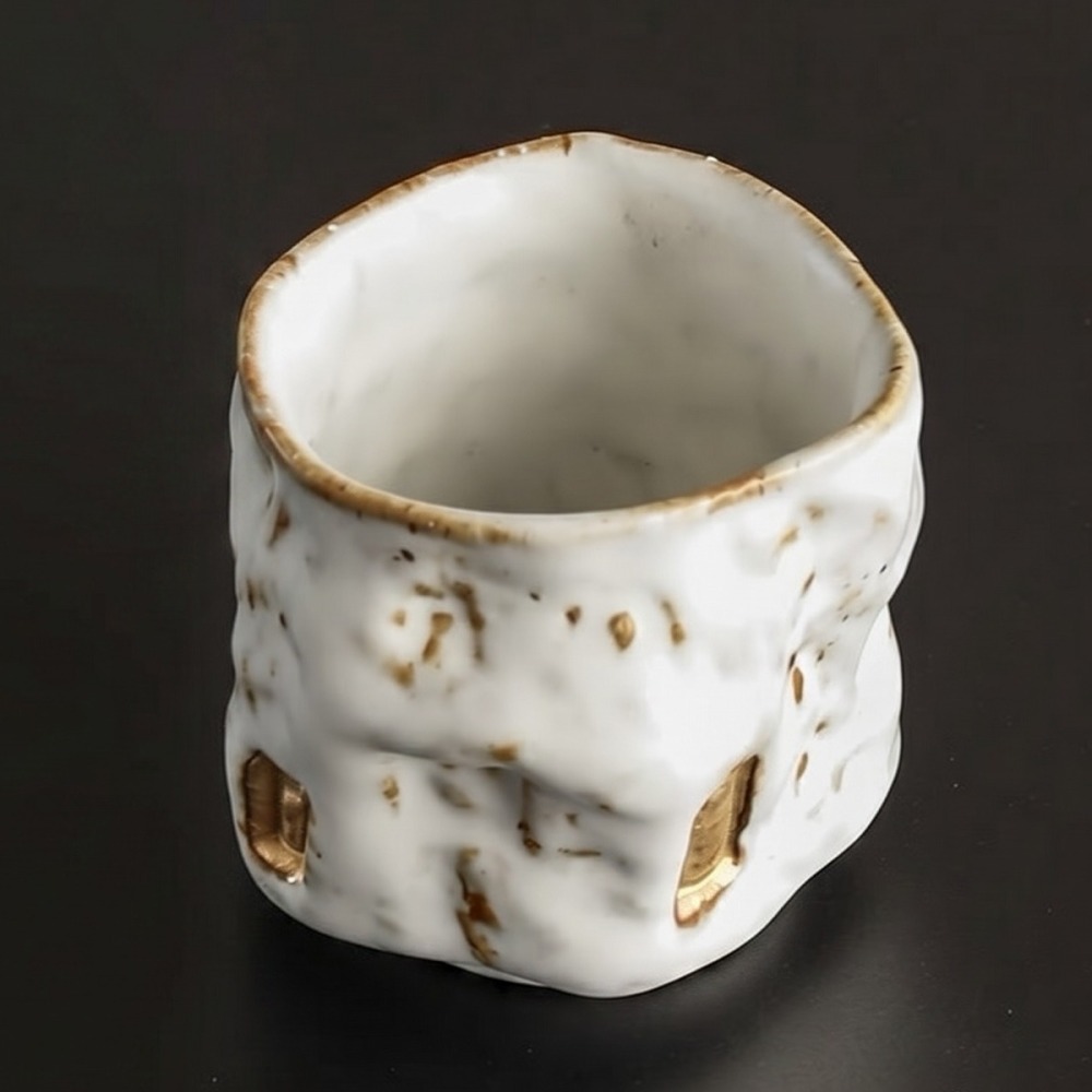 Top view of The Snow-Buried Solitude cup showing organic, irregular hand-pinched edges and a velvety thick Kohiki white glaze - Eartivo Studio.