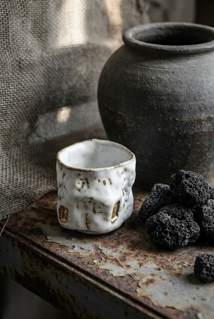 Handcrafted wabi sabi tea cup with organic glaze variations and rustic texture, styled as a thoughtful gift idea for tea lovers who appreciate artisanal, gift-ready pottery with natural beauty.