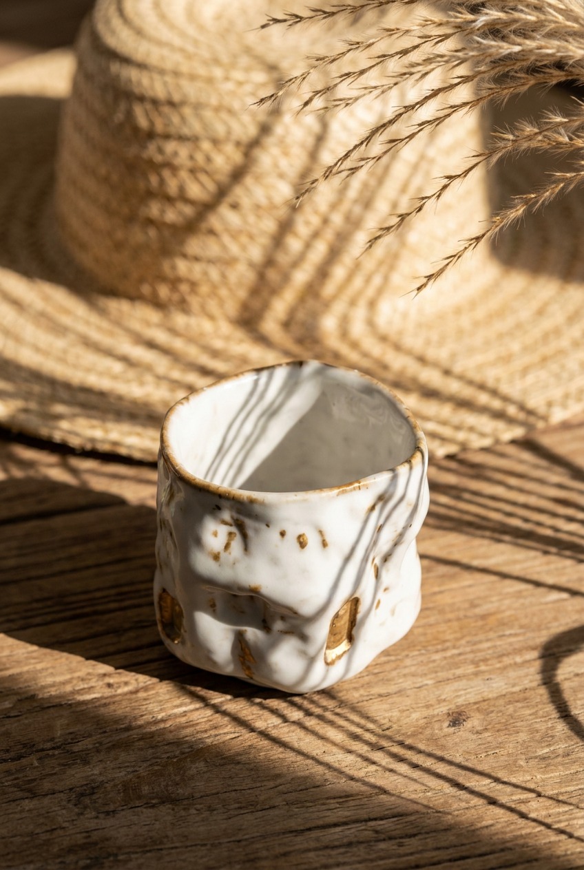 A handmade ceramic teacup capturing the first cup of the day under warm morning sunlight and shadows. Resting on a rustic wooden table with a straw hat, embodying a slow living morning routine and a calming morning ritual for anxiety.