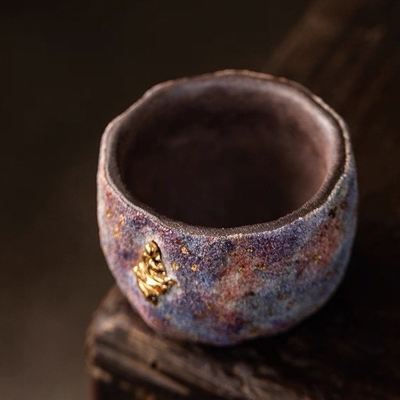 Top-down view of the "Cosmic Bloom" cup's interior, displaying its colorful rock-mineral texture and soft, Structured Water energy feel.