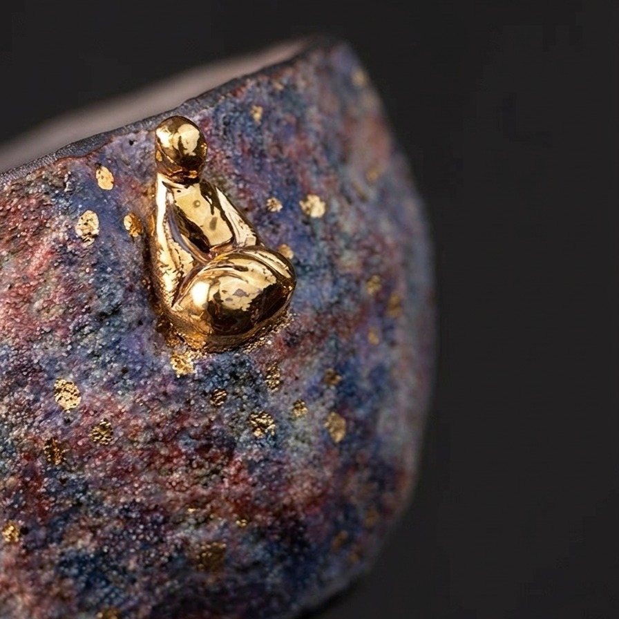 A detailed macro close-up of the small, gold meditator figurine and intricate texture on the surface of the "Cosmic Bloom" rock-mineral cup.