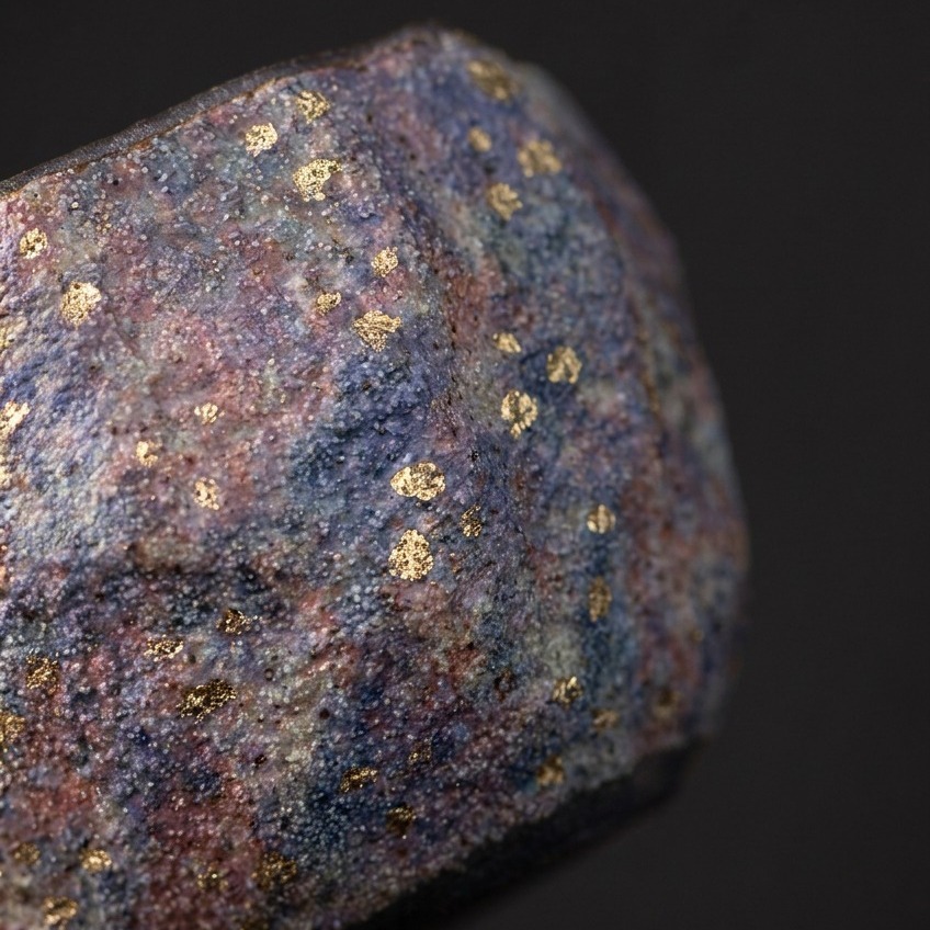 Profile view of the "Cosmic Bloom" rock-mineral clay tea cup, highlighting its complex, hand-textured multi-color crystalline pattern without a figure.