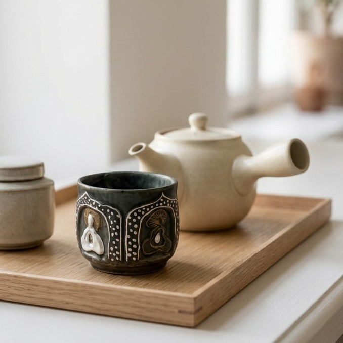Minimalist tea station setup with handmade ceramic cup, kettle, tea storage jar and wooden tray &mdash; japandi tea corner ideas with negative space