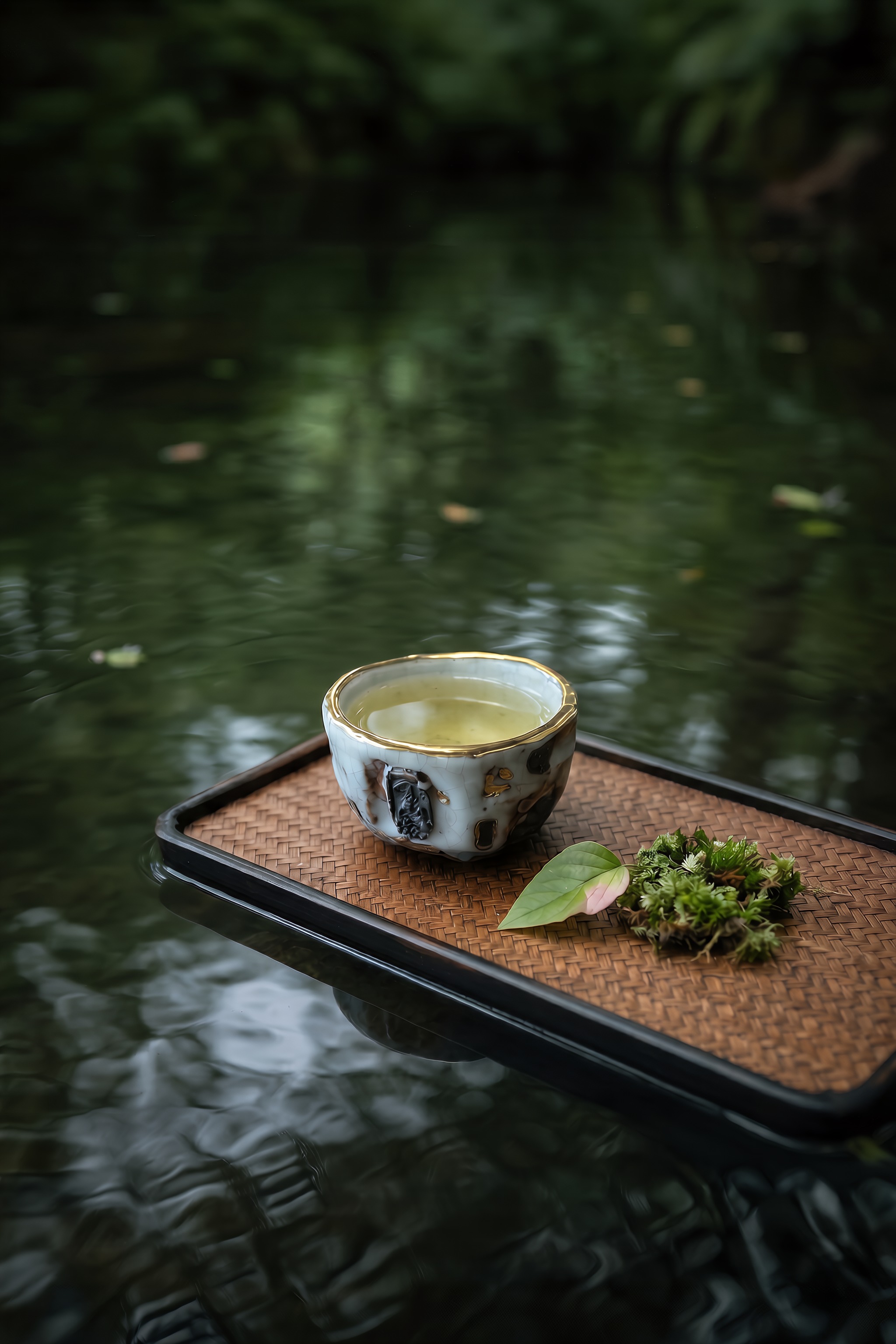 Serene morning tea ritual with Buddha - decorated teacup on woven tray by water, promoting mindful tea drinking, tea meditation, and anxiety relief through grand design solitude.