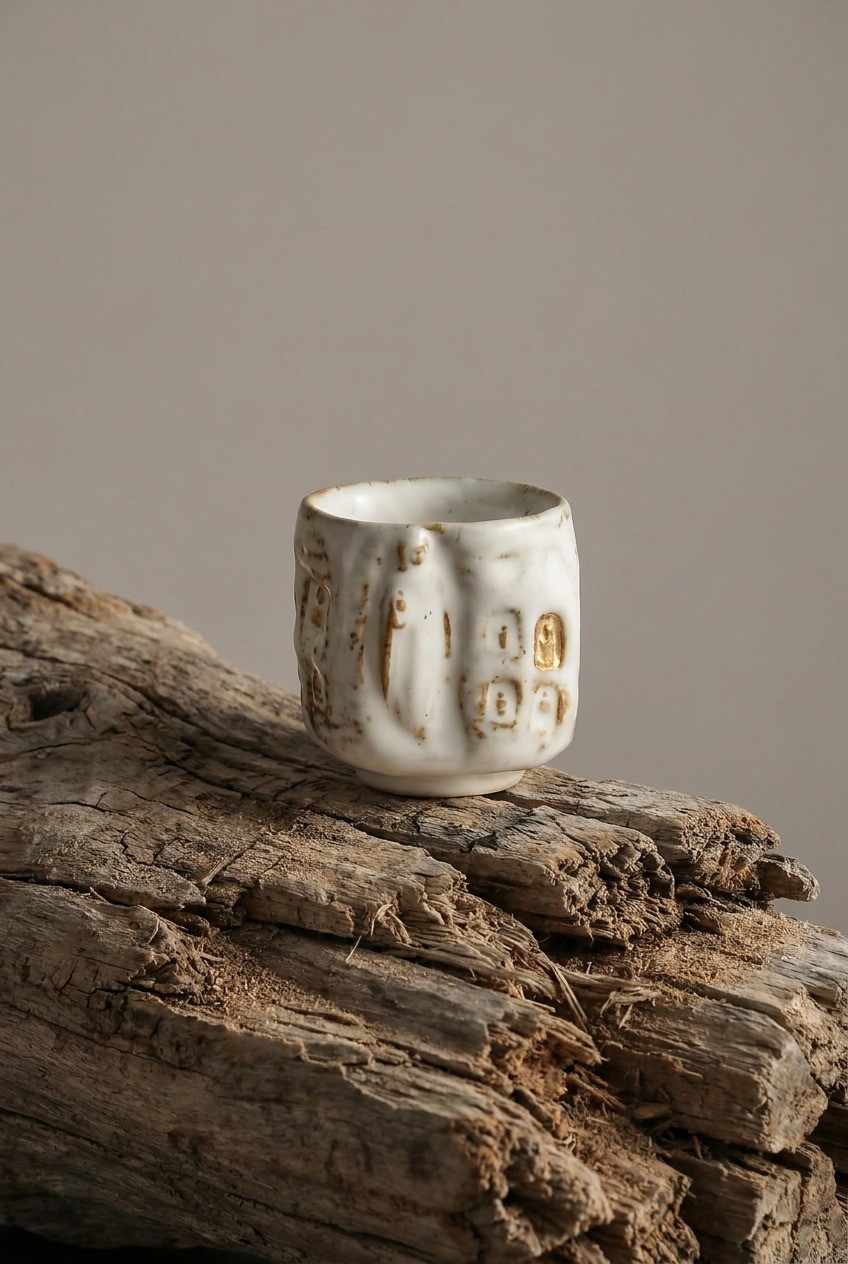 Feng shui home office decor pin featuring an irregular tea cup styled on a calm desk to create a balanced, peaceful workspace. Useful for finding simple decor ideas that support focus, comfort, and a refreshed office setup.