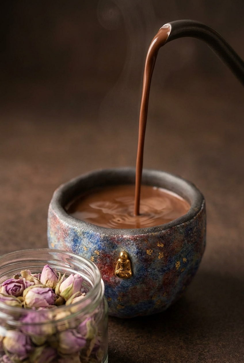 a hot ceremonial cacao mug being filled. The mug is a rustic stoneware tea cup decorated with a small Buddha statue, suitable for water offering Buddhism. Steamed cacao pours from a kettle. In front is a glass jar of dried rosebuds.