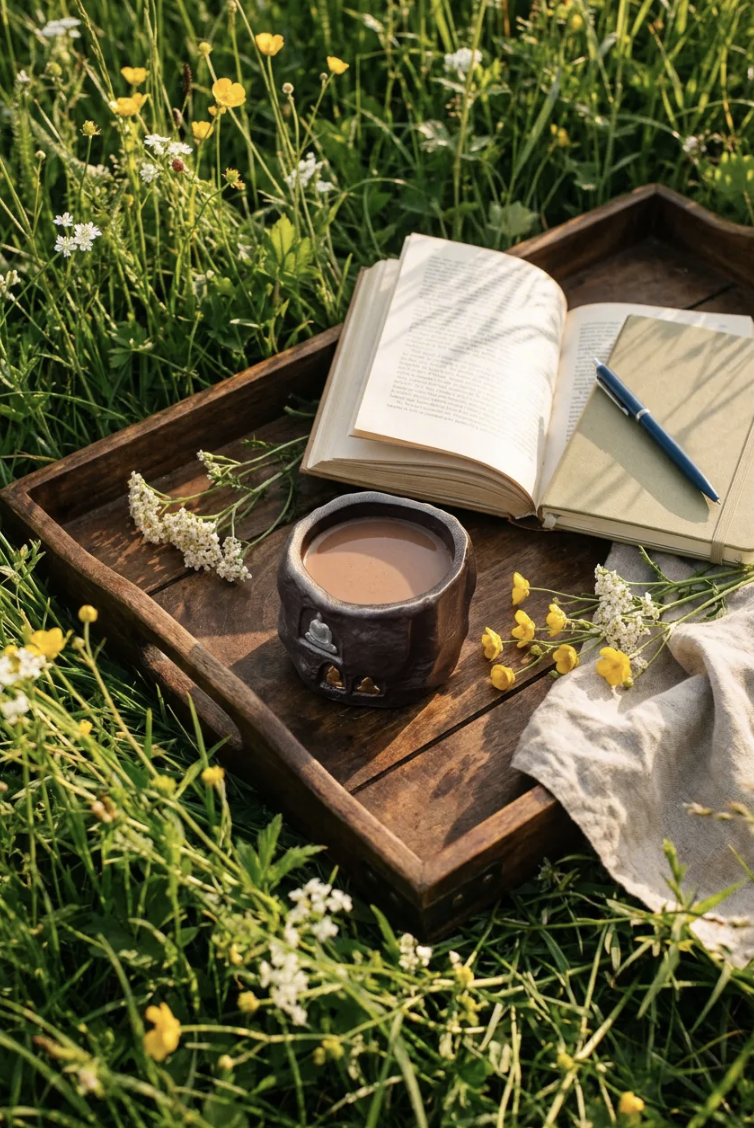 A detailed close-up shot of a unique, handcrafted stoneware tea cup sitting on a rustic wooden tray. The dark ceramic cacao ceremony cup features a sculpted Buddha relief with subtle gold accents, filled with a rich chocolate drink. It is surrounded by nature, flowers, and an open book. This ceremonial cacao mug is ideal for ritual use, but a common question is why is my mug too hot to hold without a handle.