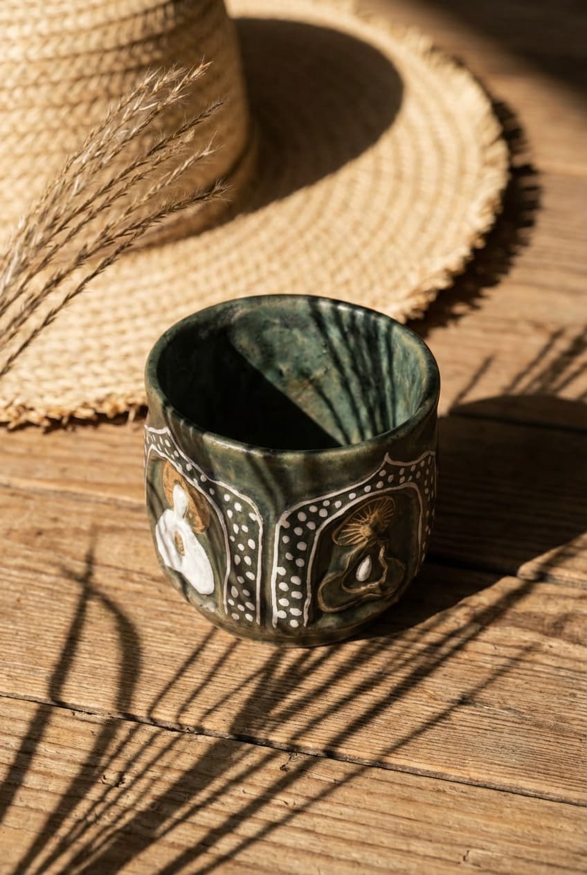 Stylish pin showing a rustic ceramic cup used for Moon Water rituals under a night-sky inspired theme. The design promotes mindful evening practice, authentic pottery, and the benefits of selecting the right vessel for a trusted spiritual routine.