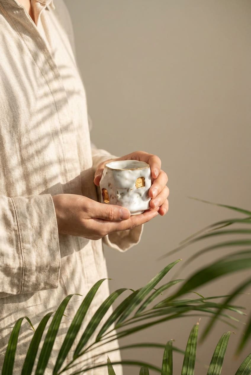 A person gently holding a white textured stoneware tea cup with both hands under soft palm leaf shadows. This handcrafted cacao ceremony cup features gold-glazed hollow details, perfectly designed for mindful presence and a slow morning routine.