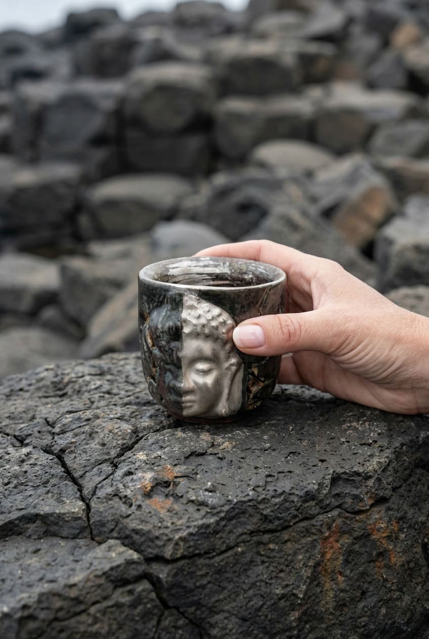 A hand reaching for a handcrafted stoneware tea cup with a sculpted Buddha relief, resting on a rugged black volcanic rock. This textured ceremonial cacao mug carries a grounding, earthy energy, perfect for sacred rituals and daily mindfulness.