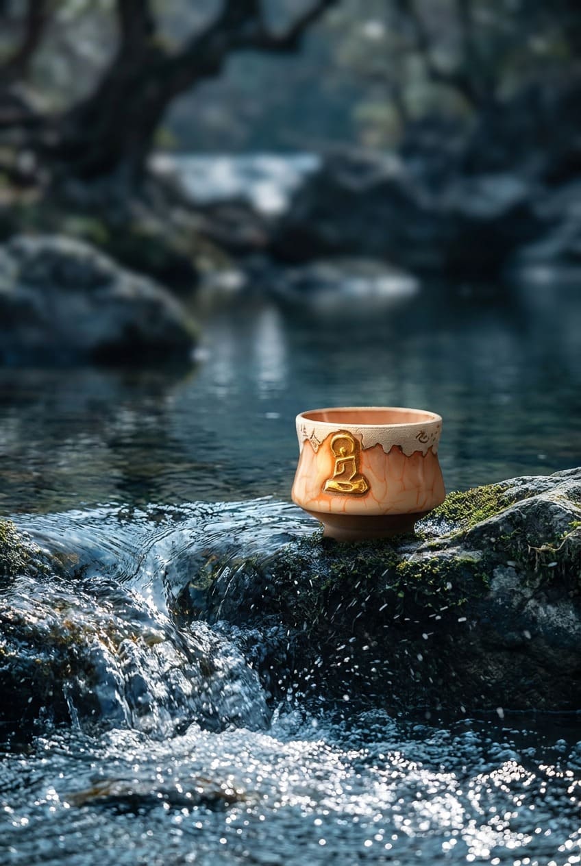 A handcrafted ceramic teacup with a golden meditating figure relief, resting on a mossy rock amidst a flowing mountain stream. A grounding focal point for practice during breathwork and meditation sessions.