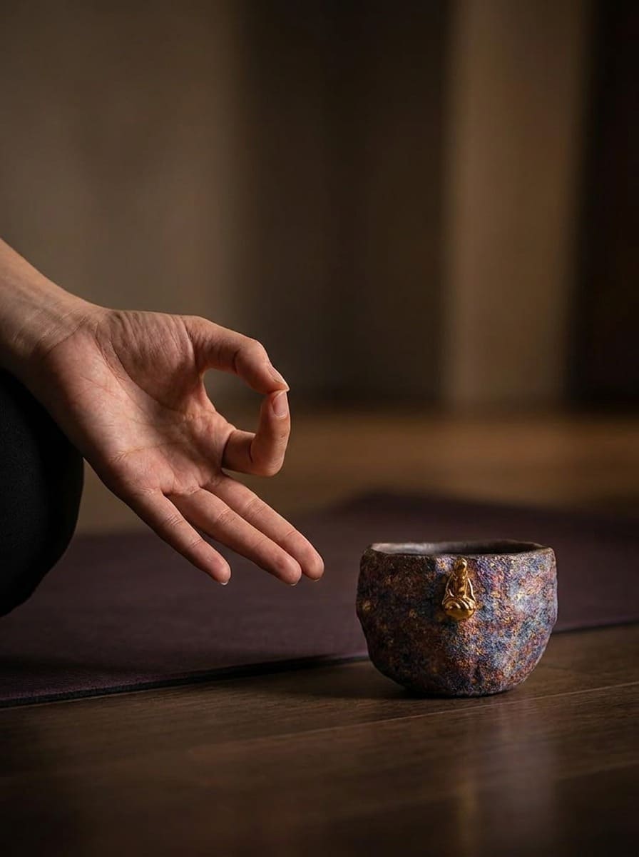A rustic, mineral-textured ceramic cup adorned with a small golden Buddha relief, resting on a wooden floor next to a hand in a meditation mudra. Designed as a grounding physical anchor for daily breathwork and meditation practices.