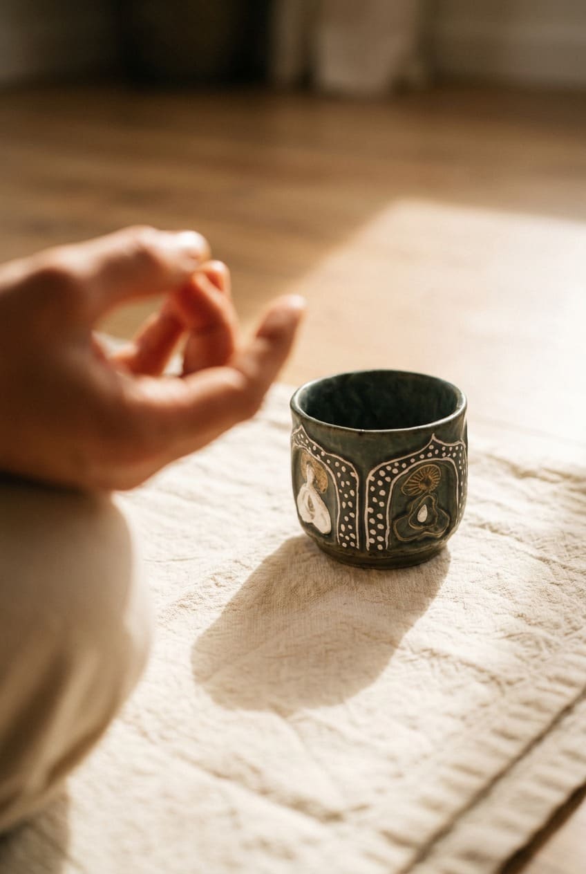 A dark ceramic cup with intricate white and gold meditative patterns, resting on a woven linen mat in warm sunlight alongside a hand in a mudra position, serving as a physical focal point for breathwork and meditation.