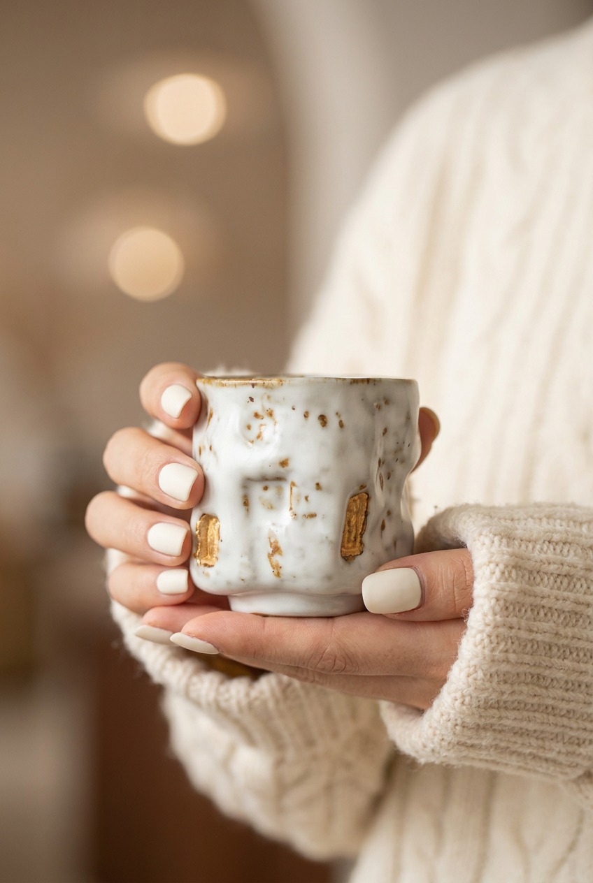 A woman wearing a cozy white knit sweater holding a handcrafted white stoneware cup with gold-glazed details in both hands. A warm, thoughtful aesthetic making it one of the most memorable unique gifts for her.