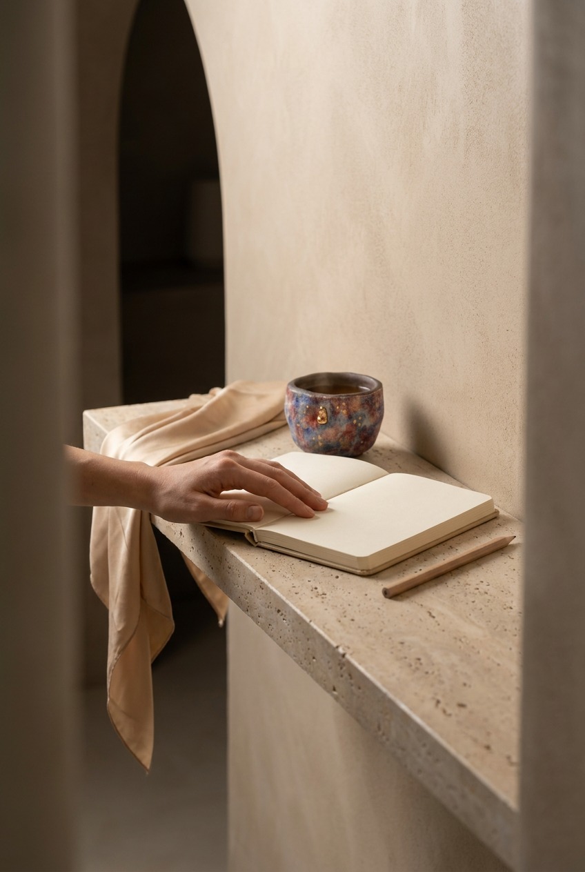 A handcrafted stoneware teacup with cosmic mineral glazing resting on a stone shelf next to an open blank journal, evoking a serene morning reflection and serving as thoughtful birthday gift ideas for women.