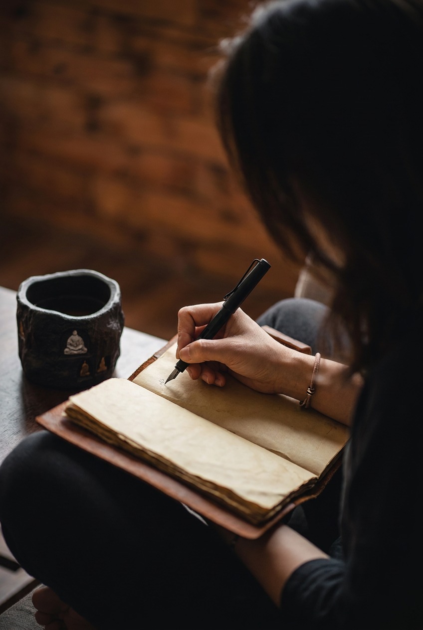 A person writing with a fountain pen in a leather-bound journal next to a dark sculpted ceramic teacup with Buddha reliefs, creating a quiet space that offers inspiring birthday gift ideas for wife.