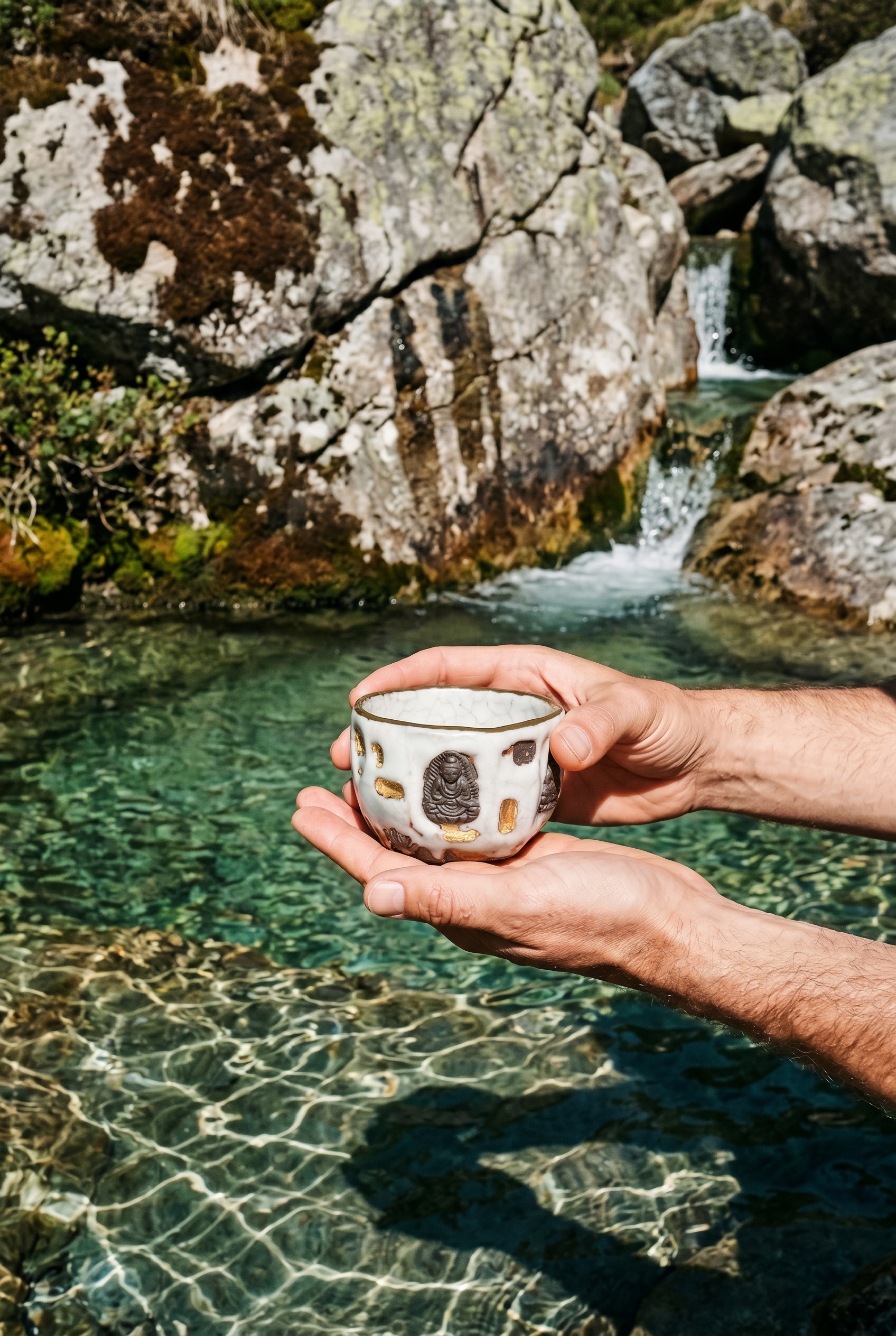 Hands holding a handcrafted white ceramic cup with Buddha reliefs and hand-applied gold accents over a crystal-clear mountain stream, embodying a memorable choice for unique gifts for her.