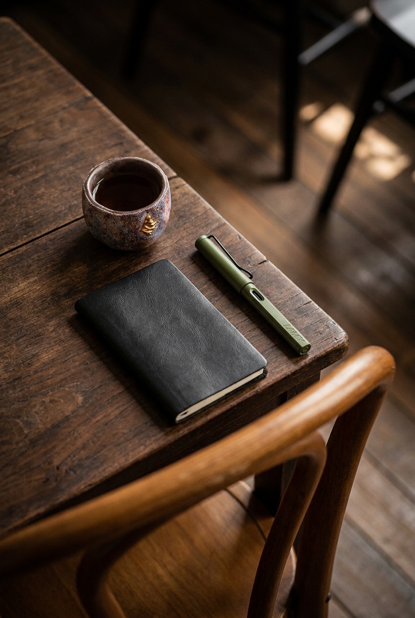 A dark ceramic teacup with gold embellishments resting on a vintage wooden table alongside a leather journal and fountain pen, offering thoughtful birthday gift ideas for women who enjoy quiet reflection.