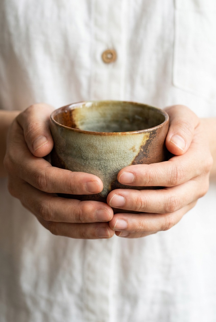 A person gently cradling a handcrafted ceramic cup with crackle glaze in both hands against a white linen shirt, radiating a quiet warmth that makes a thoughtful comfort gift.