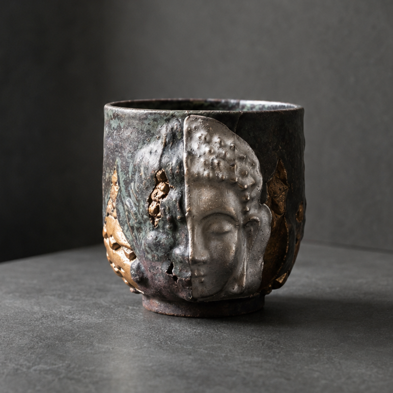 A profound moment of ritual as tea interacts with Eartivo "The Duality Insight"; the raw Rock-Mineral base meets the handcrafted gold icon, representing the "90% finished vessel"—completed by your presence and a smooth, tea-infused "patina".