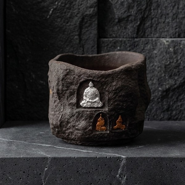 Handcrafted Dunhuang-inspired tea vessel by Eartivo; the "Stone Sanctuary" presents an arched grotto aesthetic with unrefined mineral-rich clay, where the gold and silver icons develop a warm patina with use over time.